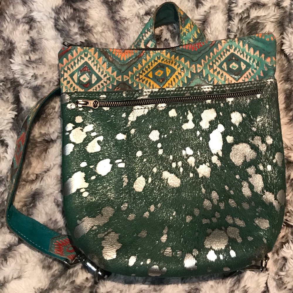 Custom Teal Leather Metallic Splatter Backpack Bag/Purse